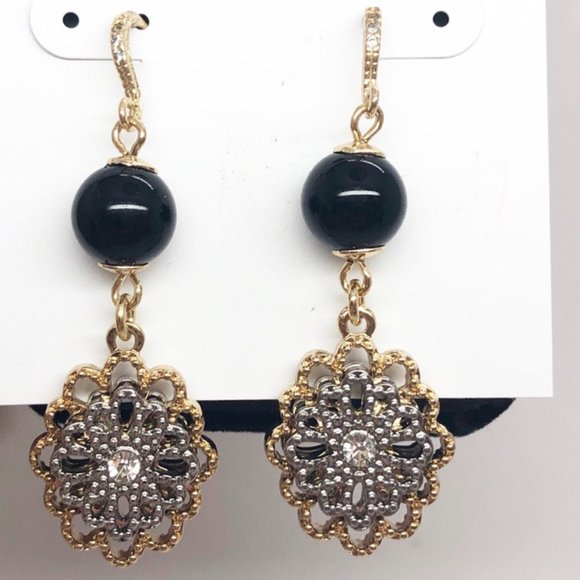 Charter Club Circle Drop Filigree Gold Black Design Drop Hook Earring NEW - Picture 1 of 3